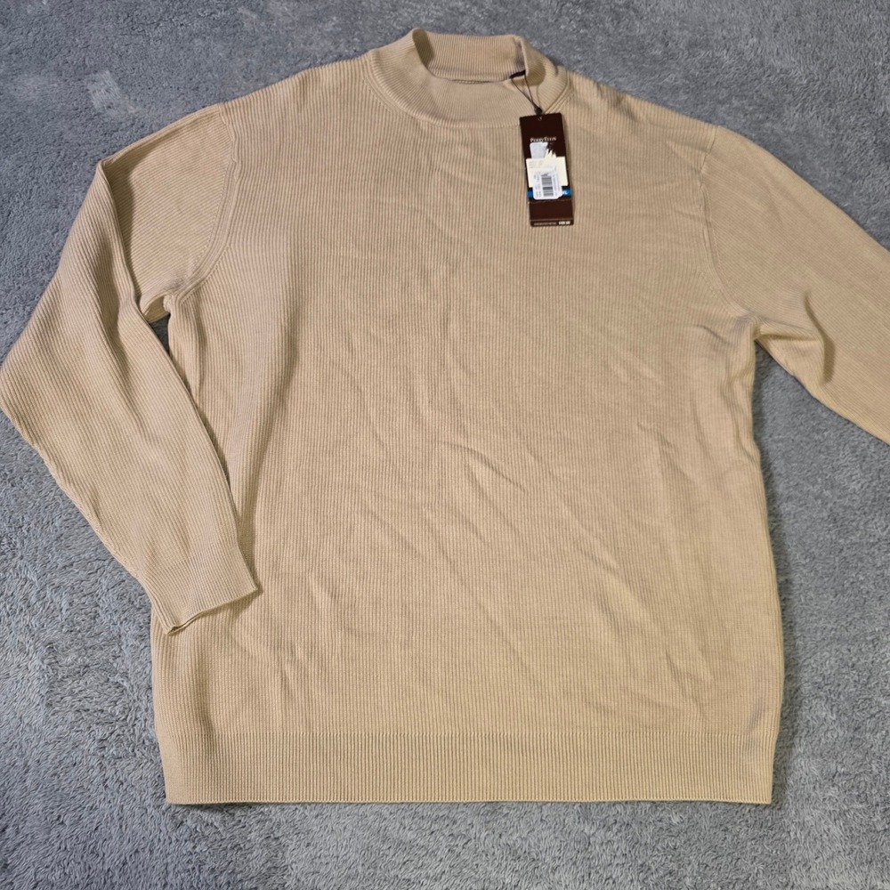 Perry Ellis Mens XL Sweater Tan Mock Neck Ribbed Cotton Rayon Pullover 46FG7028P
